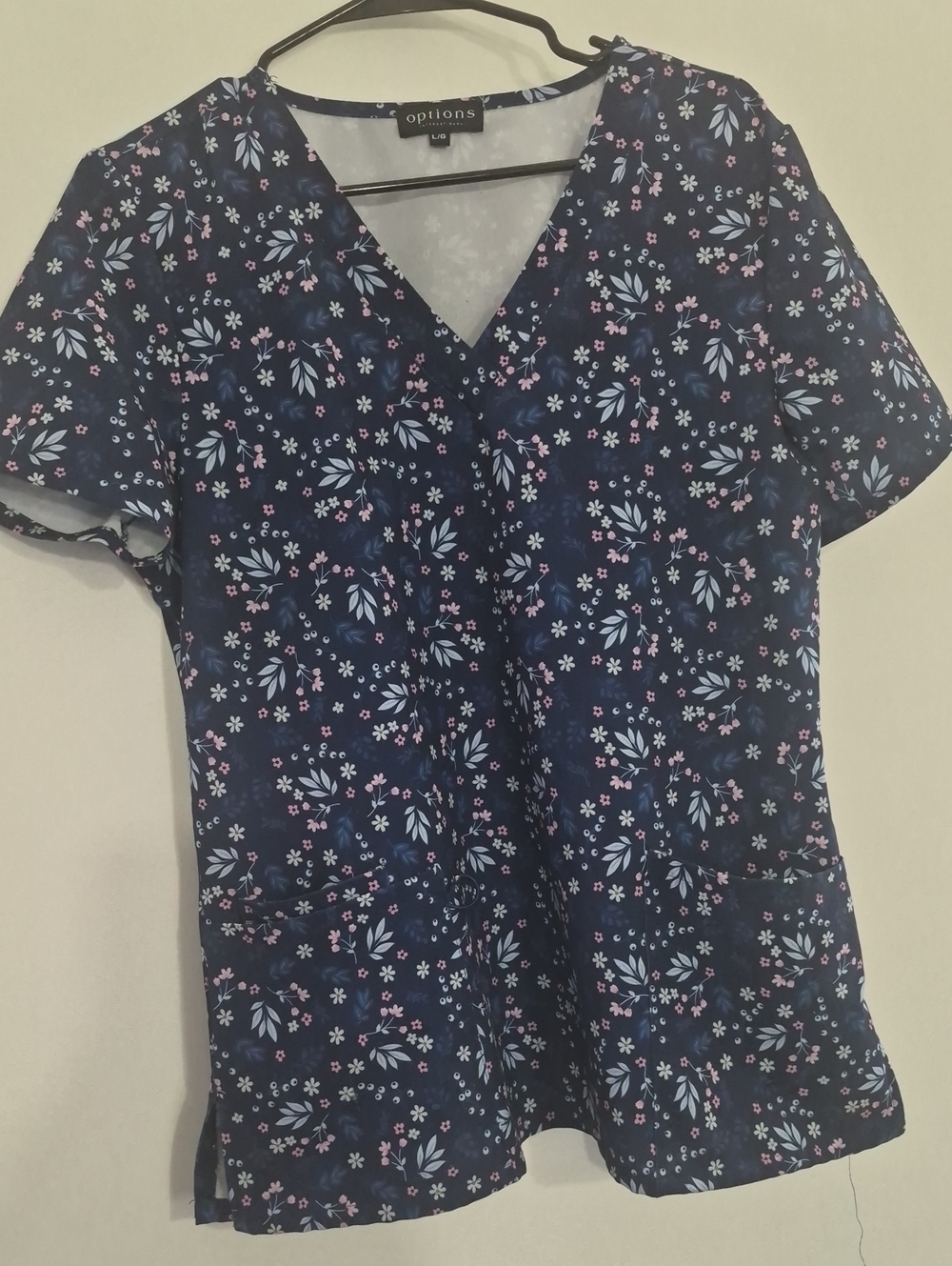 Options Women's Navy Floral V-Neck Scrub Top